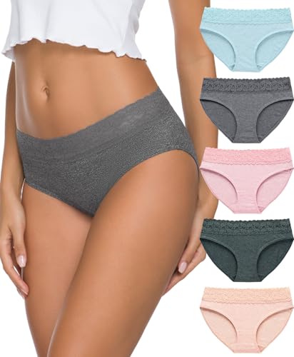 Women’s Cotton Underwear 5-Pack - Breathable Lace Bikini Panties, Full Coverage Ladies Underwear Soft Combed Cotton