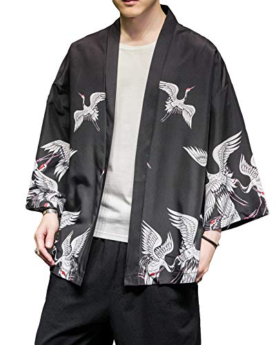 Image of PRIJOUHE Men's Japanese Kimono Cardigan Jackets Casual Long Sleeve Open Front Coat Lightweight Yukata Outwear