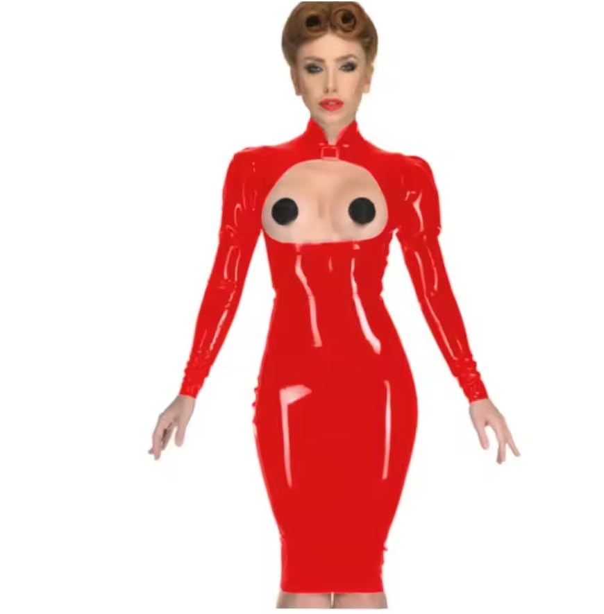 Otwarta miseczka bodycon sukienka Wetlook skóra PCW długi rękaw długość do kolan błyszcząca sukienka w kroczu odzież klubowa konfigurowalna
