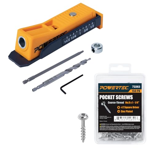 Image of POWERTEC 72498 Single Pocket Hole Jig Kit for Woodworking - with Drill Bit, Driver Bit, Hex Key, Stop Collar and 150 PK Pocket Hole Screws, Maxi-Loc Head, #2 Square Drive, 1-1 /4 inch Coarse Thread