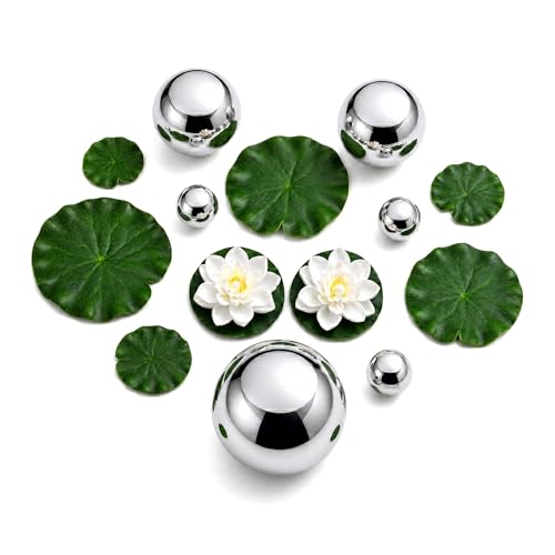 XINGWNXINGA Lot de 6 boules flottantes pour mini bassin en acier inoxydable avec 8 feuilles de lotus flottantes, fleurs flottantes, pour mini étang / bassin de jardin