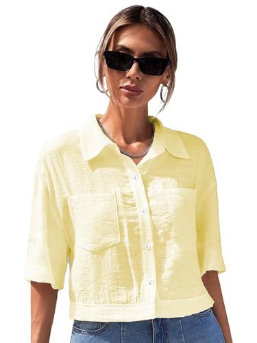 Image of TOPLOT V-Collar Solid Crop Shirt for Women with Half Sleeves, Polyester, Regular Fit