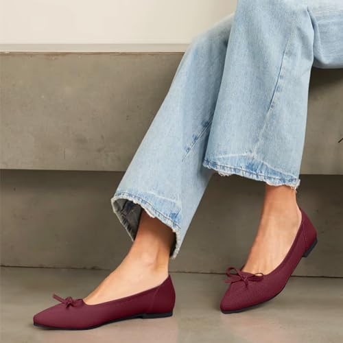 Image of TINGRISE Women's Flats Pointed Toe Bow Knit Ballet Shoes Comfortable Dressy Mesh Slip On Flat