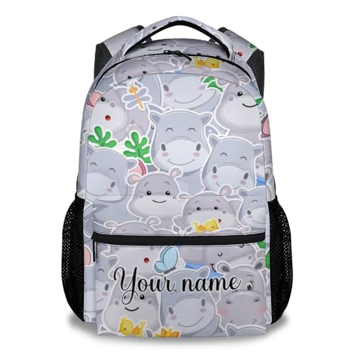 Custom School Backpack for Boys - 17 Inch Grey Hippo Backpacks for Elementary - Cute Lightweight Durable Bookbag for Kids