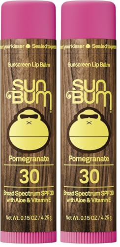 Image of Sun Bum SPF 30 Sunscreen Pomegranate Lip Balm - Moisturizing Aloe Vera and Vitamin E - Vegan and Cruelty Free - Broad Spectrum UVA /UVB Lip Protection - 0.15 oz Stick,(Pack of 2)