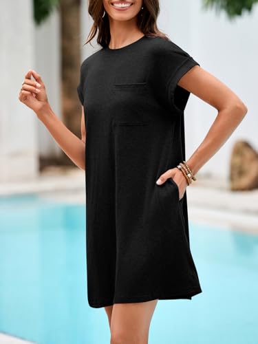 Wenrine Women's Summer T Shirt Dress Casual Short Sleeve Crewneck Loose Fit Mini Dresses with Pockets4