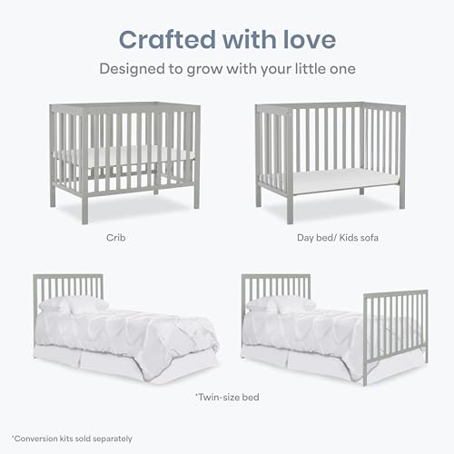 Dream On Me Edgewood 4-in-1 Convertible Mini Baby Crib in Cool Grey, GreenGuard Gold & JPMA, Non-Toxic, Compact 40×25×33″ Design, Converts to Mini Daybed & Twin Bed, 1″ Mattress Pad - image 4