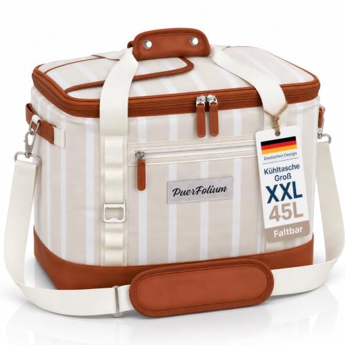 PuerFolium Kühltasche groß 45L Kühlbox XXL faltbar Picknick Strand Beige – Ansicht 1