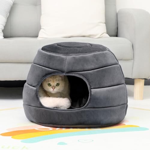 Hollypet Katzenbett Kleines Hundebett, 2-in-1 faltbares Haustier-Höhlenbett, Warmes Haustierbett aus Kristallsamt, Dunkelgrau L