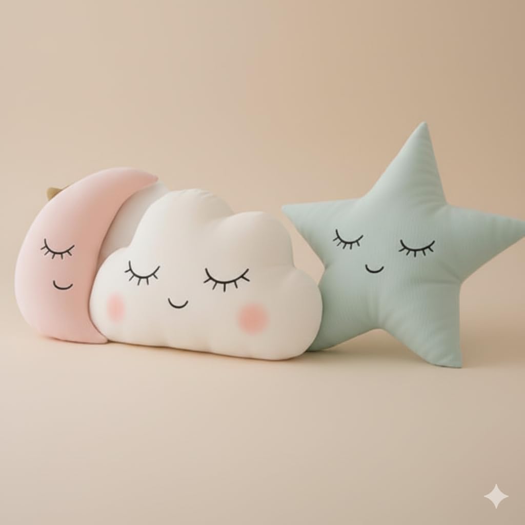 CHIRKUT CHIRUT Decorative Moon Cloud Star Throw Pillows, Nursery Room Cushions, Pink Mint White, 3-Piece Set,Polyester,Cotton (Pack of 3) 30CM-image-32