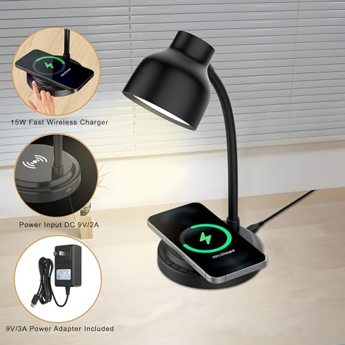 RORENSE LED Desk Lamp for Office Home, Adjustable 4 Level Brightness with Bluetooth Speaker&15W Wireless Charger&Portable Desk Light&Type C Adapter, Flexible Gooseneck Table Lamp for Bedside (Black) - Image 4