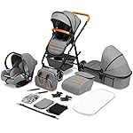 LIONELO Amber Kinderwagen 3 in 1 Kombikinderwagen Set sportlicher Sitz fester Babywanne Autositz Tasche Moskitonetz Regenschutz XXL-Dach mit Sonnenschutz (GRAU)