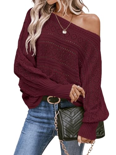 Verdusa Women's Off The Shoulder Sweater Crochet Dolman Sleeve Hollow Out Oversized Boat Neck Long Sleeve Pullovers