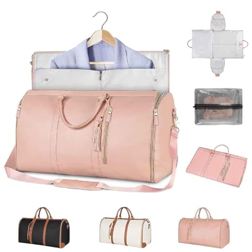 Foldable Travel Bag,Convertible Garment Duffel Bag for Travel,Stylish Carry On Garment Bag,2 in 1 Foldable PU Leather Duffle Bag (Pink)