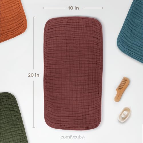 Image of Comfy Cubs Muslin Burp Cloths 20 inch x 10 inch, Pack of 10 - Large, 6-Layer, Ultra Absorbent 100% Cotton for Baby Drool and Messes - Soft, Safe & Gentle Baby Burp Cloths Set for Boys & Girls - Wine