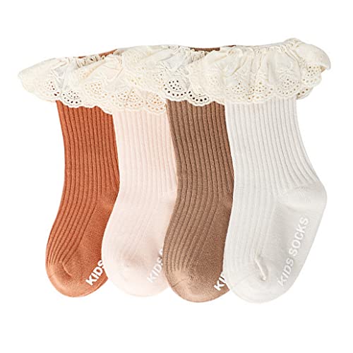 Evedaily Lot de 4 Chaussettes Hautes pour Nouveau-né Bébé Fille 0-3 Ans Chaussettes en Coton pour Tout-petits avec Dentelle à Volants Chaussettes Antidérapantes Chaussettes Princesse Mignonnes Cover