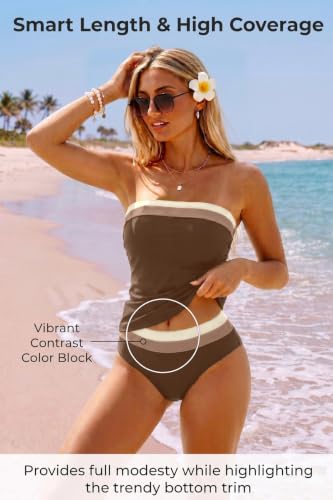 Image of Daci Women Strapless Tankini Tummy Control 2 Piece Bandeau Swimsuit | Full Coverage,Removable&Adjustable Straps,Built-in Soft Unremovable Bra,Ruched Tummy Control,Mid Waist Bottom,Fully Lined
