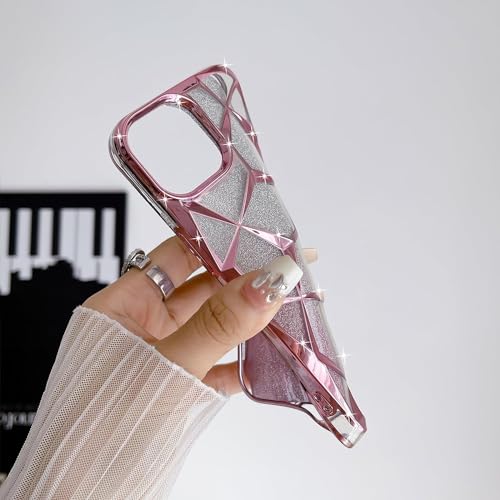 Image of VONZEE Luxury Gradient Glitter Case Compatible with iPhone 15, Electroplated Geometric Cube Design, Sparkling Diamond Bling Clear Back, Soft TPU Shockproof Phone Cover for Women & Girls(Pink)