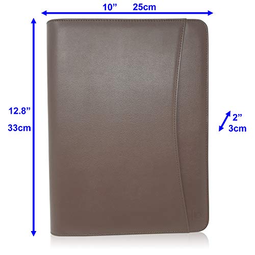 Lautus Designs Zippered Leather Business Portfolio Folder - Professional Dark Brown Pu Leather Business Binder Padfolio & Organizer Folder With 10.5 Inch Tablet Sleeve #TOP3