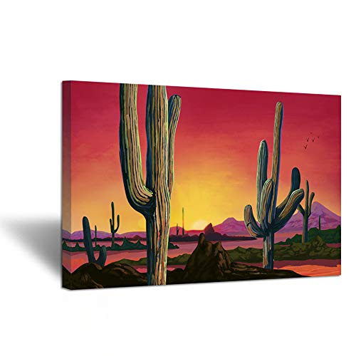 Ihappywall Large Saguaros Landscape Canvas Wall Art Sunset Arizona Cactus Orange Background Sonoran Desert Picture Gallery Wrapped Canvas Art For Home Bedroom Decoration Ready To Hang 24X36Inch #TOP16