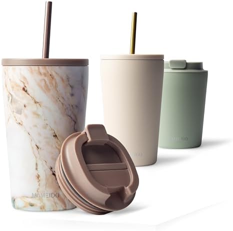 MAMEIDO Thermobecher mit Strohhalm 470 ml (Pearl Marble) | 4h heiß/12h kalt, auslaufsicher & BPA-frei mit Strohhalm- & Klappdeckel, Kaffeebecher to go aus Edelstahl – für Autohalte