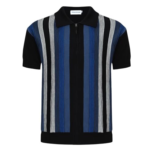 Polo de punto retro para hombre OXKNIT, estilo vintage de los años 60 con cremallera y rayas, camisa de golf miniatura 1