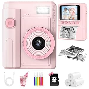 QIVORO Kids Camera Instant Print, 1080P Instant Digital Print Camera for Kids with 32GB Card & 3 Rolls Photo Paper. Christmas Birthday Gift Toys for Toddler Boys Girls Age 3-12（Pink）