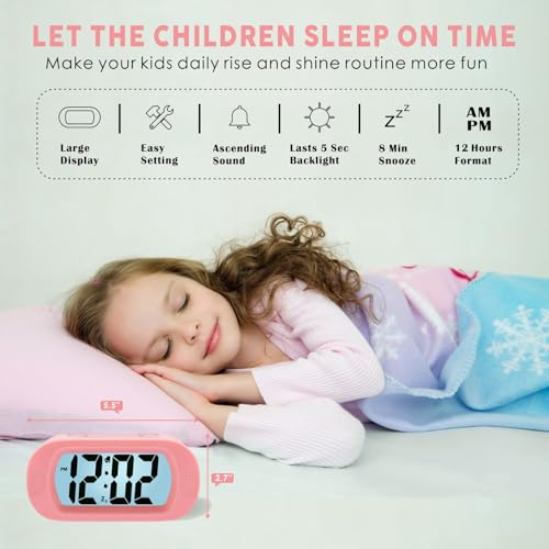 Image of Plumeet Kids Alarm Clock Large Digital LCD Travel Alarm Clocks with Snooze and Night Light - Ascending Sound and Handheld Size - Best Gift for Kids (Baby Pink)