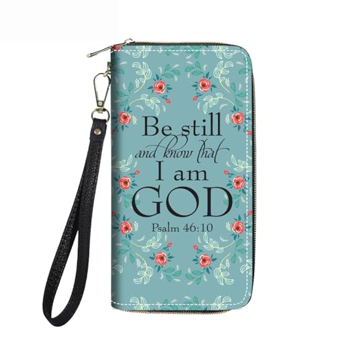FVAENDHIO Women's Large Capacity Wallet PU Leather Zip Around Clutch Purse Multifunctional Wallet with Removable Wristlet Strap for Smart Phone/Coin/Card/Cash, Bible Verse Psalm 46:10