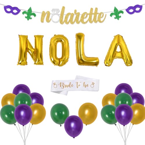 Mardi Gras Bachelorette Party Decorations - Mardi Gras Carnival Decorations with NOLArette Balloon Banner Mask Saxophone Foil Balloons for New Orleans Bachelorette Bridal Shower Engagement Party