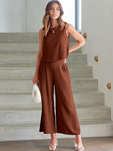 Image of ANRABESS Women's Summer 2 Piece Outfits Sleeveless Tank Crop Button Back Top Cropped Wide Leg Pants Set Pockets