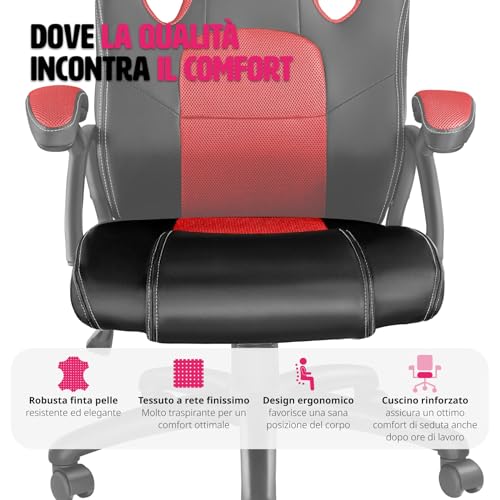 ® Sedia da Ufficio Ergonomica, Sedia Scrivania con Rotazione 360°, Imbottitura Confortevole, Rivestimento Similpelle, Poltrona Gaming con Altezza Regolabile, 5 Rotelle Doppie - Nero/Rosso - Sedia gaming - Immagine 7