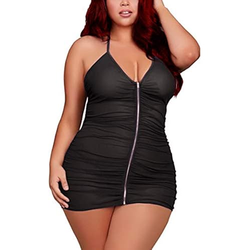Sexy Plus Size Mesh Zipper Halter Chemise Lingerie