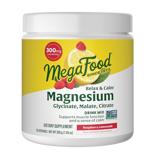 Megafood Relax + Calm Magnesium Powder - Highly Absorbable Magnesium Glycinate, Magnesium Citrate & Magnesium Malate - Without 9 Food Allergens - Raspberry Lemonade Flavor - 7.05 Oz (50 Servings)