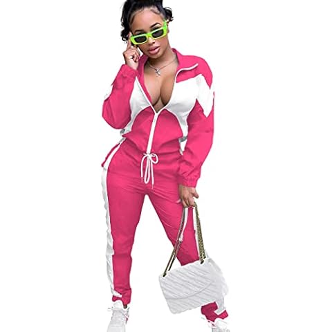 yidengymx Womens Windbreaker Jacket & Pants Tracksuit Two Piece Outfit for women, 2 Piece Zip Front Patchwork Jumpsuits, Pink/White, Large Cover