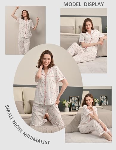 Image of NAP BOUND 100% Cotton Women's Pajama Sets Short Sleeve Button Down Soft Pjs 2 Piece Lounge Set with Pocket Nightwear XS-XXL