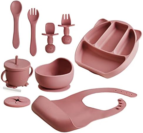 Pink Baby Feeding Set – Baby Feeding Supplies Set with Bib, Sippy Cup, First Stage Toddler Utensils, Suction Bowl, Divided Plate, Baby Spoon and Fork – Food-Grade Silicone Baby Led Weaning Supplies