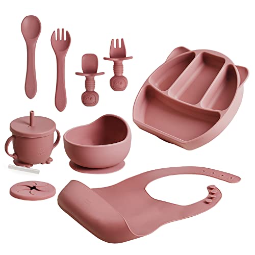 Image of Pink Baby Feeding Set – Baby Feeding Supplies Set with Bib, Sippy Cup, First stage toddler utensils, Suction Bowl, Divided Plate, Baby Spoon and Fork – Food-Grade Silicone Baby Led Weaning Supplies