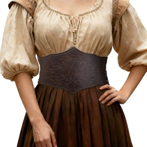 HiiFeuer Mittelalterliche Frauen Kunstleder Korsett Gürtel Renaissance Unterbrustkorsett Einstellbare breite Taille Cincher für Ren Faire (Dunkelbraun B)