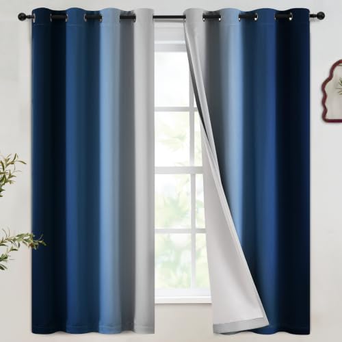 Image of SimpleHome Ombre Blue 100% Blackout Bedroom Curtains with White Liner 63L