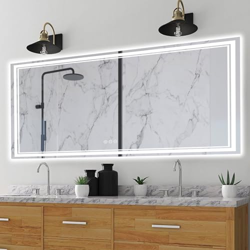 Image of 60x40 Inch Led Mirror for Bathroom with Front Light and Backlit, Bathroom Mirror with Led Lights, Vanity Mirror with Lights for Wall, Anti-Fog, Dimmable, Memory Function, Tempered Glass