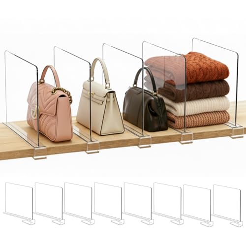 SortNStore Shelf Dividers Purse Organizer for Closet: 8-Pack Acrylic Bag Storage Organizer for Handbags, Clutches, Clothes, Sweater, Towel on Wood Shelves