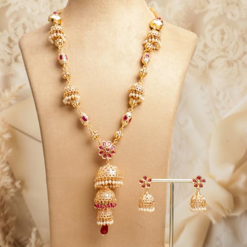 Image of Rubans Gold Plated Traditional Necklace Set with Jhumka for Women