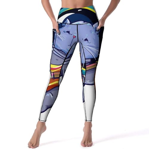Legging femmes chat de l'espace pantalon de sport stretch taille haute pour gym