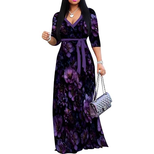 Image of Women Plus Size 3 /4 Sleeve V Neck Maxi Dress with Pockets | Soft fabric relaxed fit three quarter sleeve v neck with pockets for party and daily wear