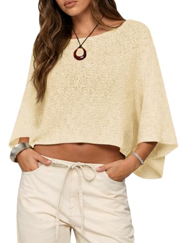 Image of Saodimallsu Womens Crochet Cover Ups Batwing Sleeve Sweater Crop Tops Lightweight Summer Boho Knit Sheer Poncho Top