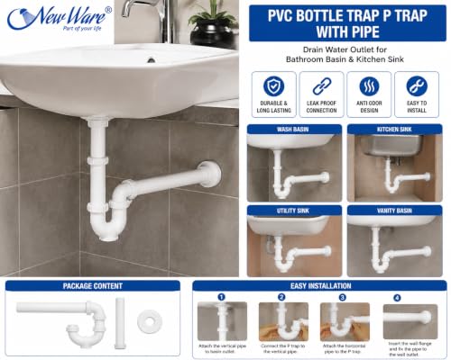 Image of NEW WARE PVC Bottle Trap P Trap with Extension Pipe for Wash Basin & Kitchen Sink | Bathroom Drain Water Outlet Waste Pipe | Anti Odor Leak Proof Waste Drain Pipe White