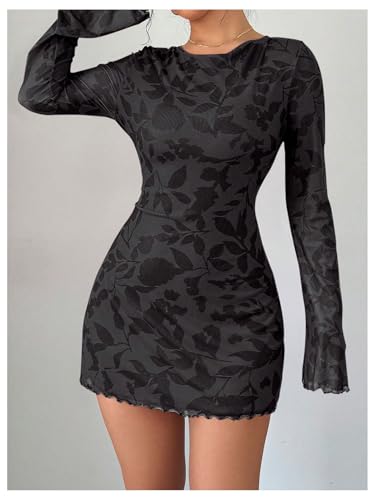 MakeMeChic Women's Floral Print Long Sleeve Mini Dress Mesh Backless Y2k Going Out Dresses4