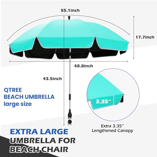 QTREE intelligence 48.8 inch Large Beach Umbrella with Clamp Sun Shade for Beach Chair, 360°Adjustable UV Protection Golf Umbrella with Clip for Outdoor Patio Stroller Wheelchair