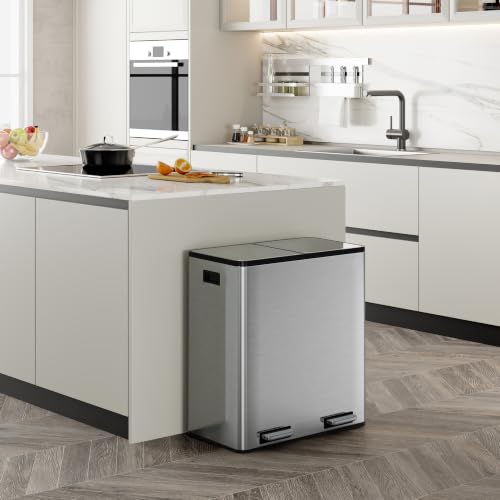 Image of VonHaus Double Recycling Bin 60L for Kitchen - Stainless Steel Recycling Bin with Two Compartments - 2 x 30L Removeable Inner Bins Dual Waste Bin with Pedal Feet - Dual Recycling Bin for Kitchen